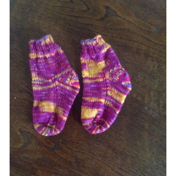 Hand Knit Baby Socks Purple Gold Wool