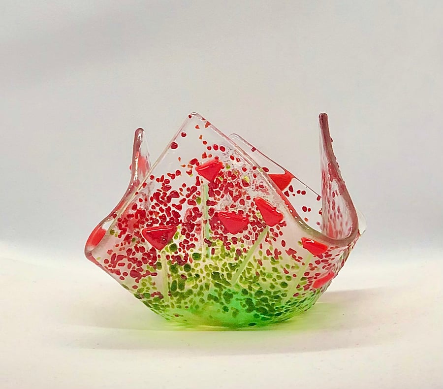 Beautiful fused glass poppy tea light holder