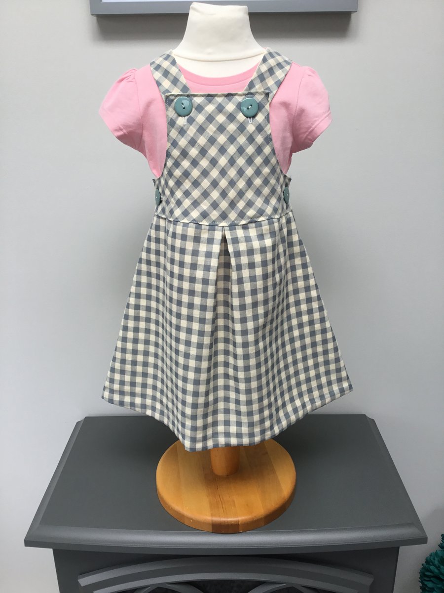 Girls dungaree dress, gingham pinafore dress, bib and braces dress