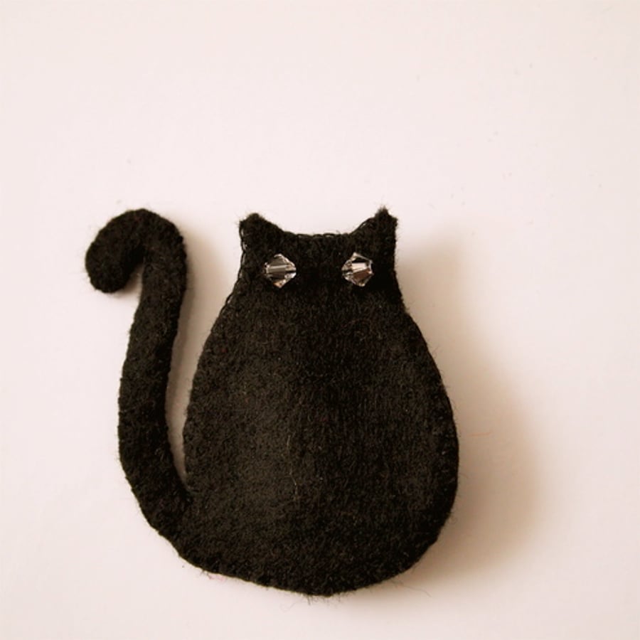Fat Black Cat Brooch with Swarovski Crystal Eyes