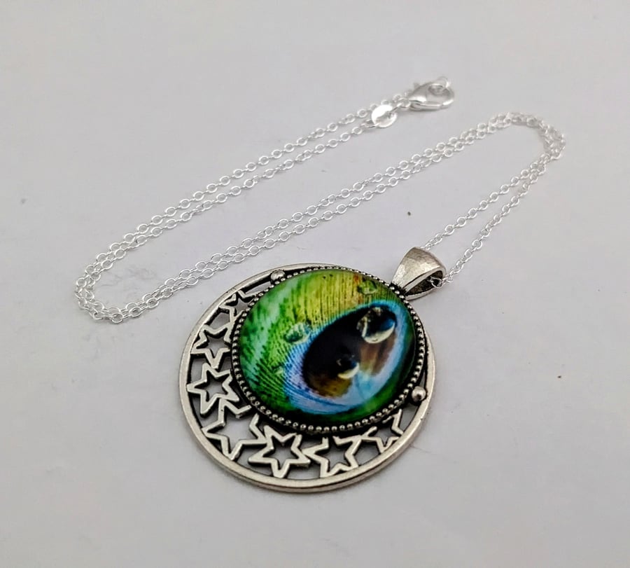 Green peacock feather necklace