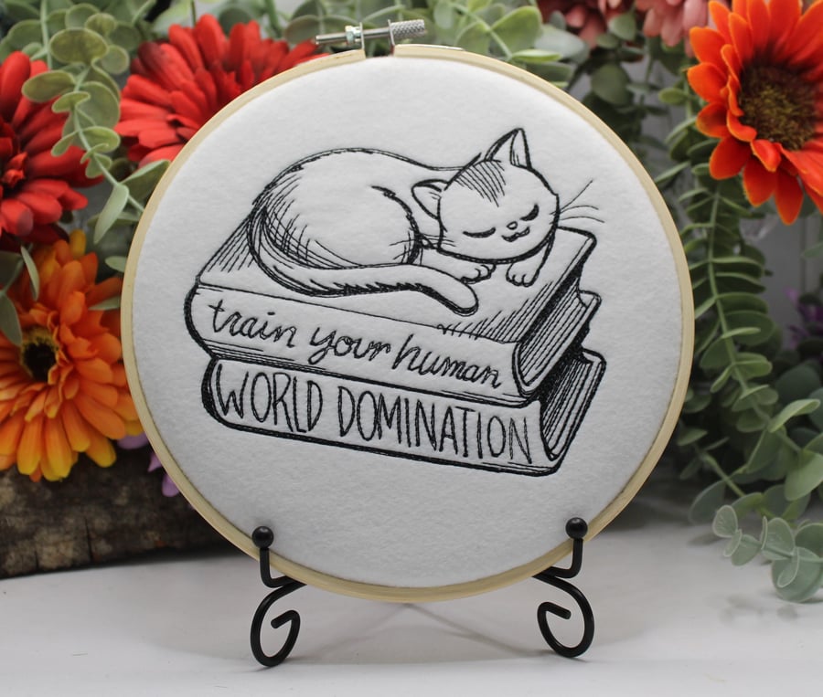 Cat World Domination Art hoop, Cat Wall Art, Thank you Gift, Cat Sitter Gift