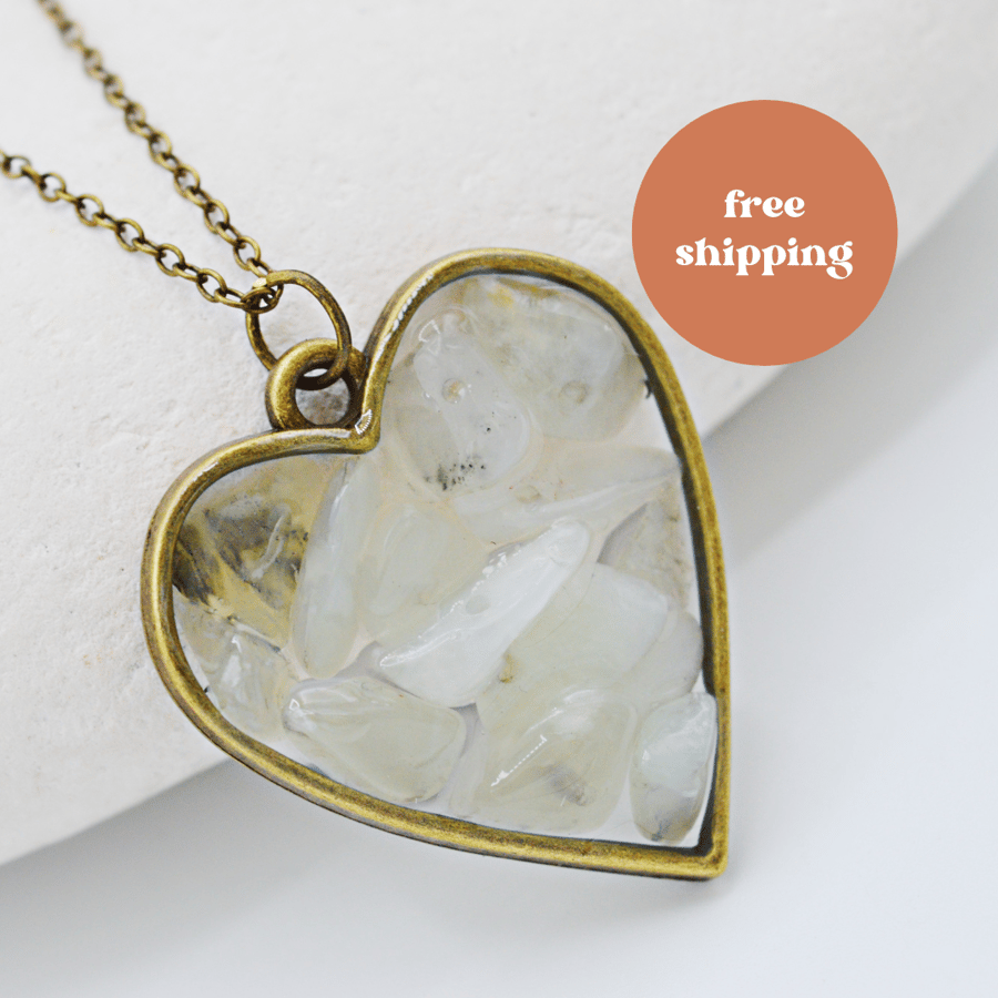 Bowenite Heart Brass plated Worry Stone Necklace - Free Postage