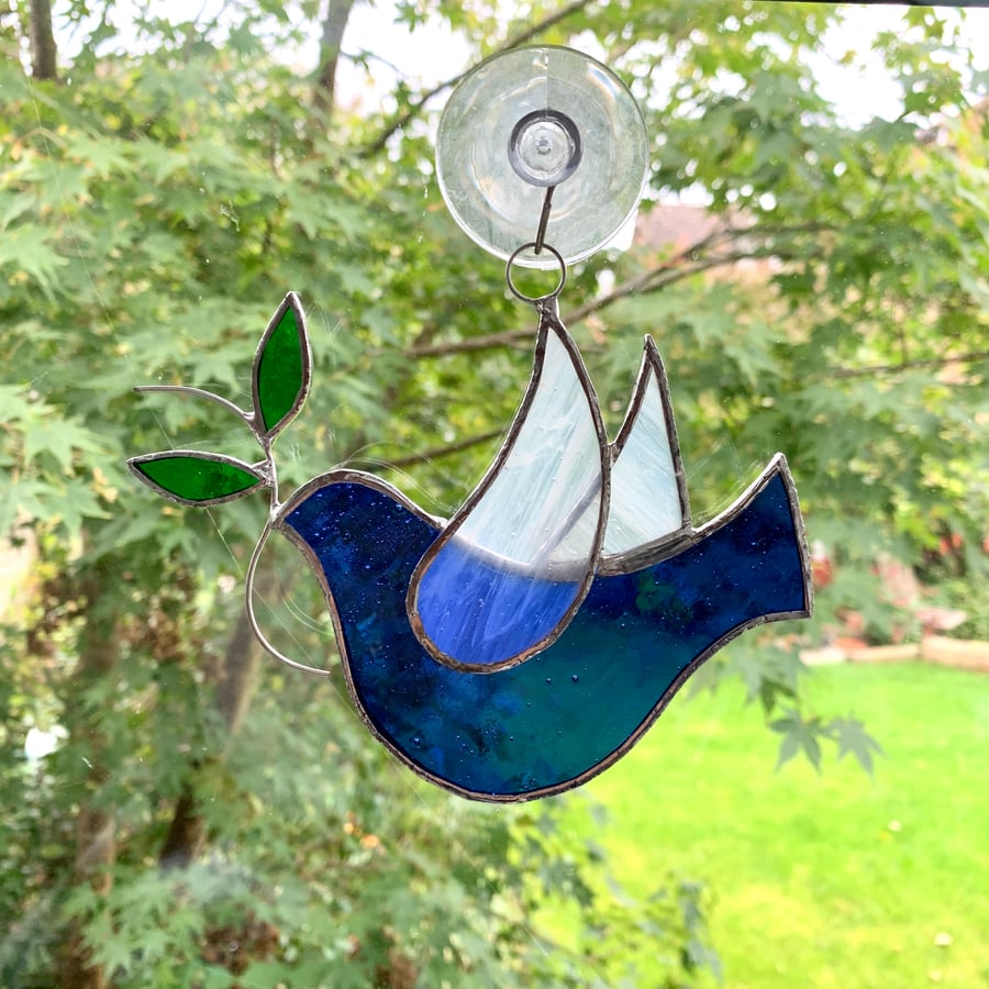 Stained Glass Dove Suncatcher - Hand Made Hanging Decoration - Blue