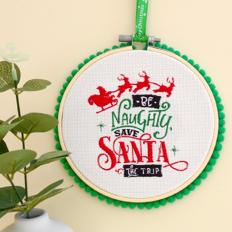 Christmas Decoration Ornament: Embroidered Hoop 14cm (5.5") Be Naughty