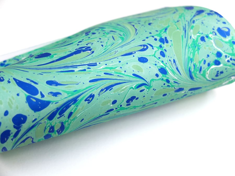 Handmade marbled paper A4 sheet green blue drawn stone pattern slight second 