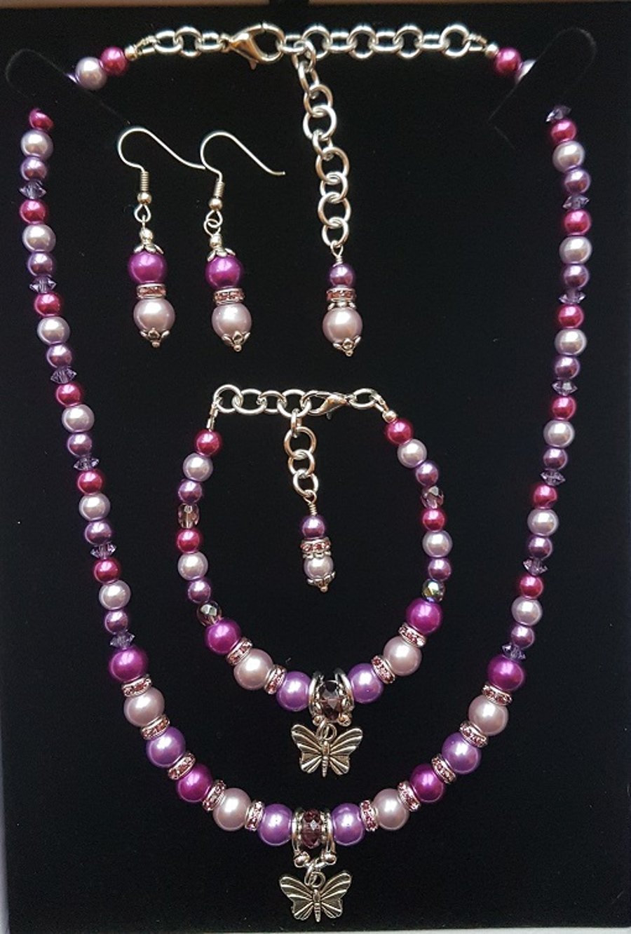 Beautiful Purple and butterflies, Necklace, Bracelet and Earring Set.