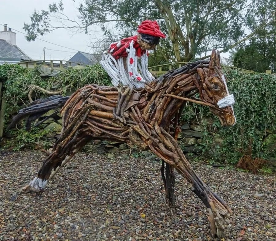 Bespoke Driftwood Racehorse and Jockey Garden Sculpture