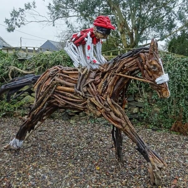 Bespoke Driftwood Racehorse and Jockey Garden Sculpture