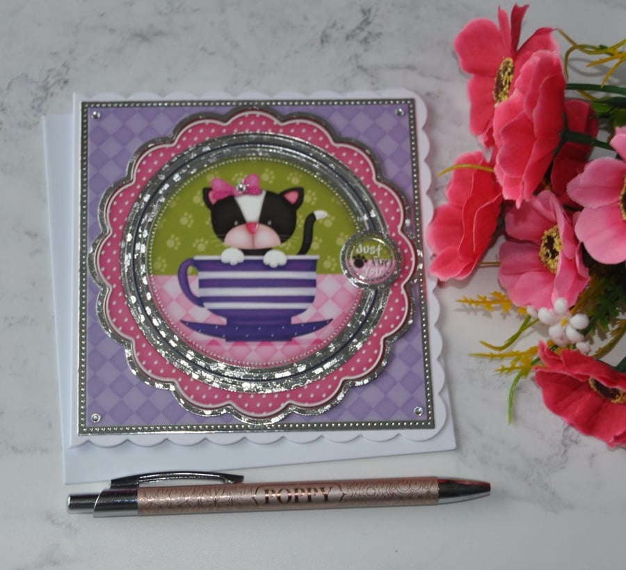 Just for You Birthday Just Fur You Cat In A Tea Cup 3D Luxury Handmade Card