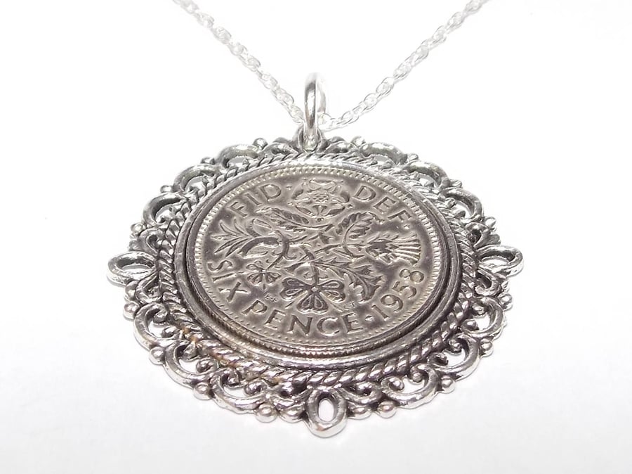 Fancy Pendant 1958 Lucky sixpence 63rd Birthday plus a Sterling Silver 22in Chai
