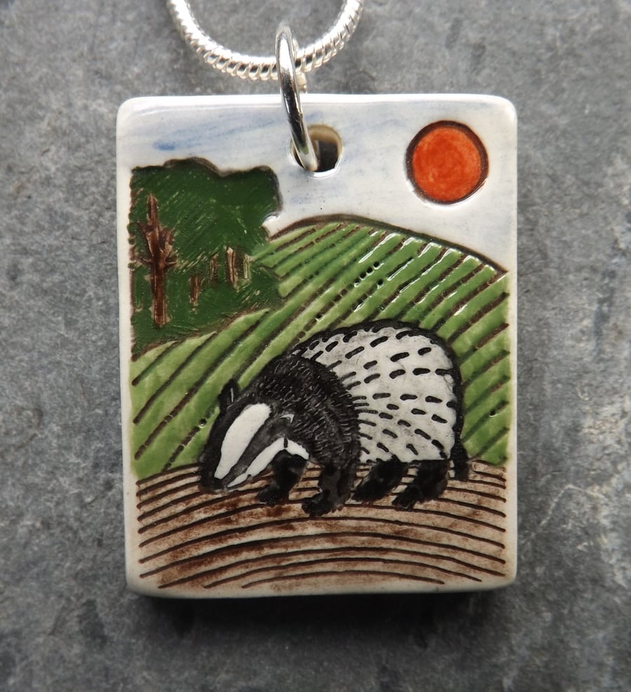 Handmade Ceramic Badger Pendant