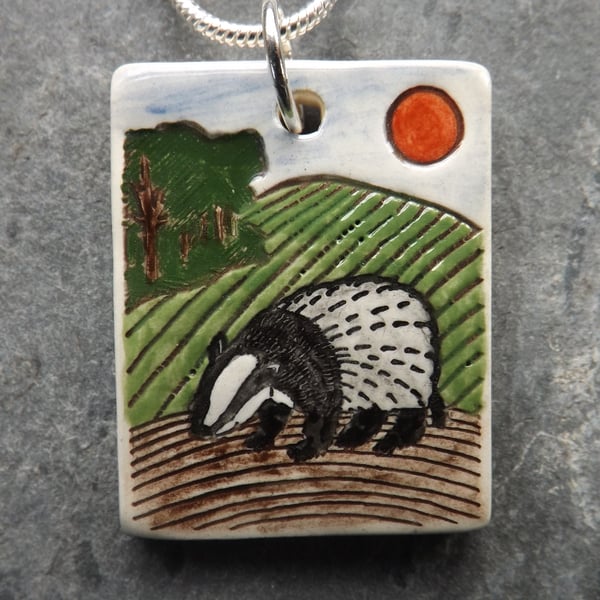 Handmade Ceramic Badger Pendant