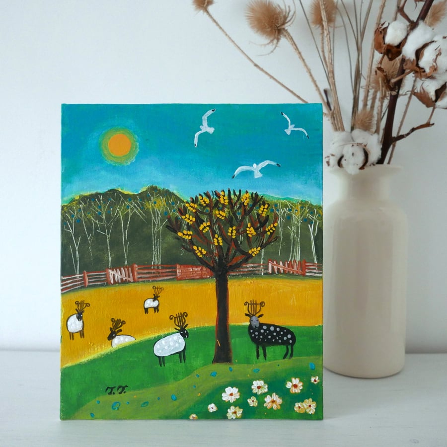 Countryside Painting, Landscape Artwork, Sheep Art, Nature
