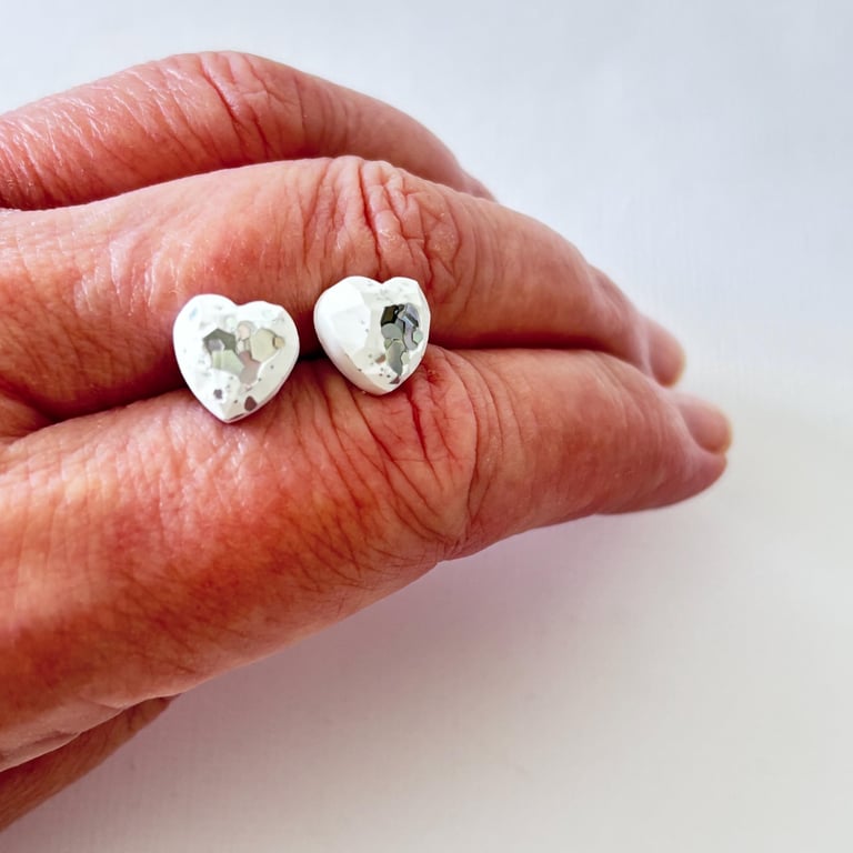 White & Silver Glitter Heart Stud Earrings Minimalist Handmade Earrings Jew