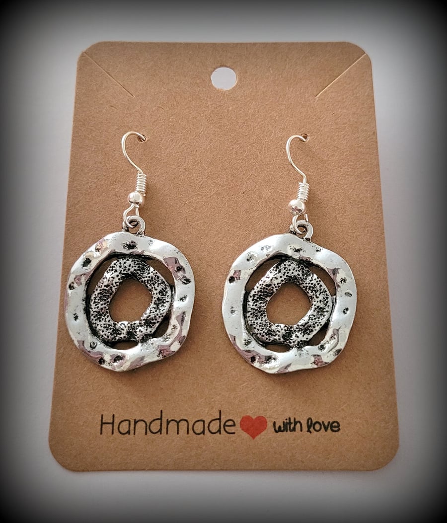 Silver Boho Circle Charm Dangle Earrings on Silver Plated Earring Hooks