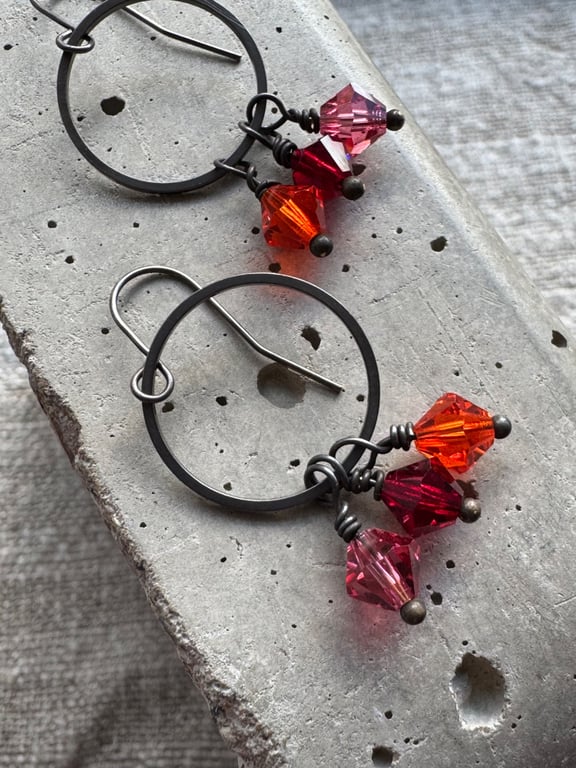 Vintage Crystal Earrings Dainty Hoops with Pink, Orange and Red Sparkles 