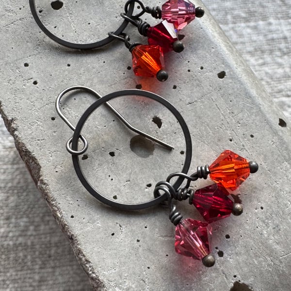 Vintage Crystal Earrings Dainty Hoops with Pink, Orange and Red Sparkles 