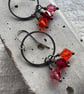 Vintage Crystal Earrings Dainty Hoops with Pink, Orange and Red Sparkles 