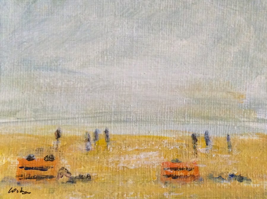 Windbreaks - original acrylic, miniature landscape painting of the coast.