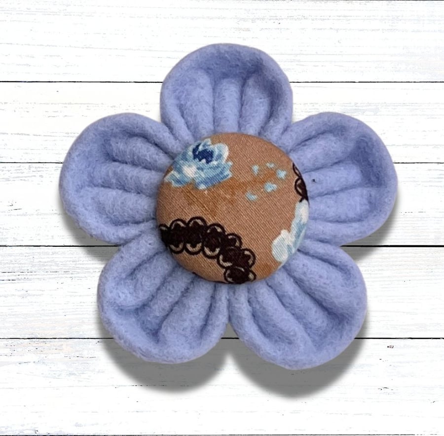 Handmade Pale Blue Felt Flower Brooch, Fabric Covered Button, Christmas Gift