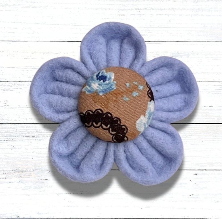 Handmade Pale Blue Felt Flower Brooch, Fabric Covered Button, Christmas Gift