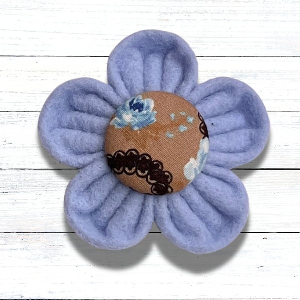 Pale Blue Felt Kanzashi Brooch with Fabric Button Centre 