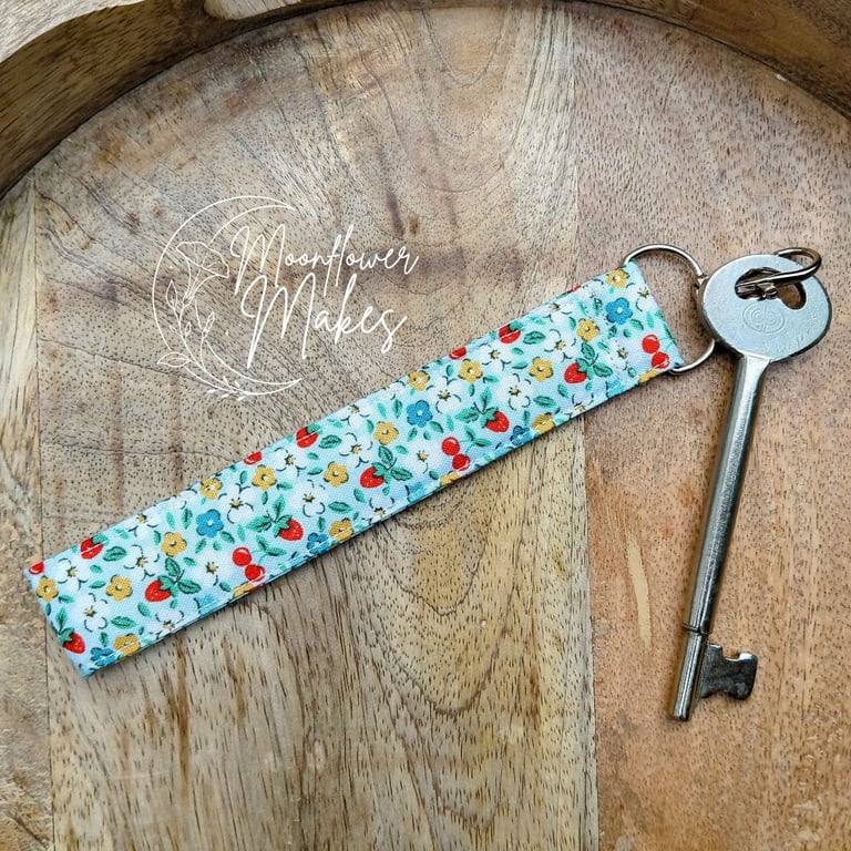 Ditsy Floral Fabric Wristlet keyring for Keys or Phone - Fabric Keyfob - Teal