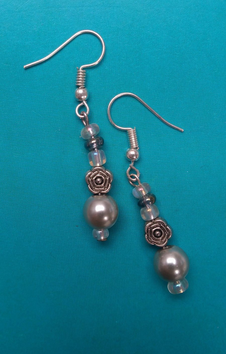 Silvery Pearls, Glass and Roses Earrings