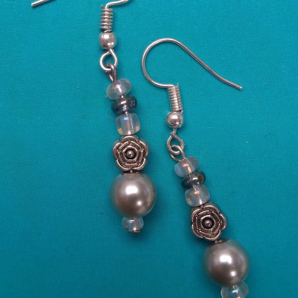 Silvery Pearls, Glass and Roses Earrings