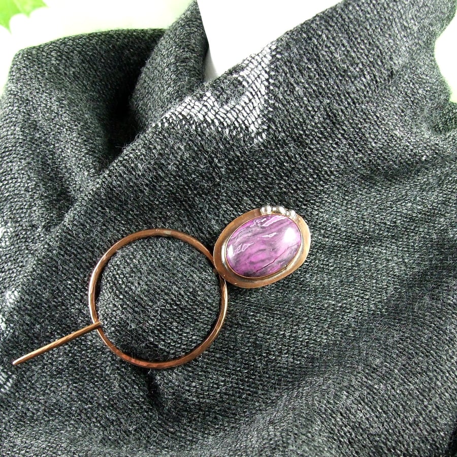 Shawl Pin, Copper with Dyed Purple Jasper Cabachon for Scarf, Shawl or Wrap