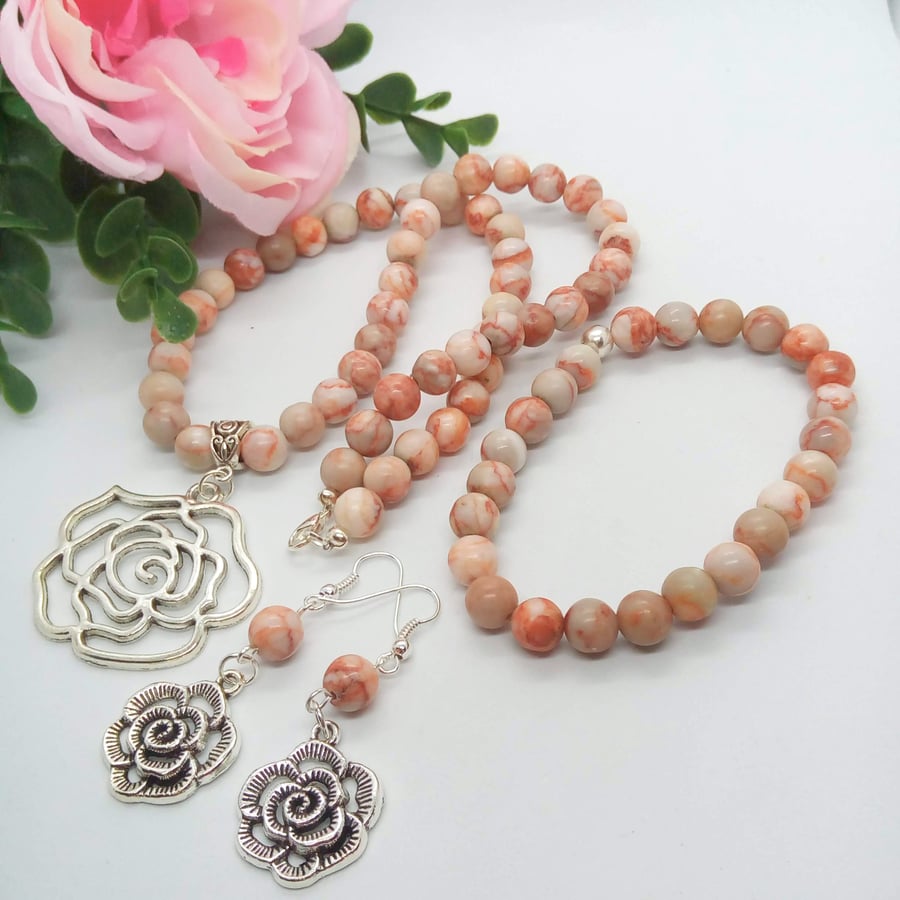 Pink Spider Jasper Bead Necklace Bracelet and Earrings with Silver Rose Charms