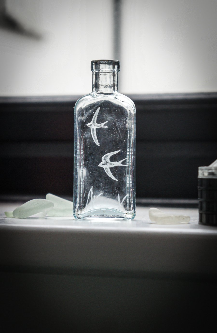 Hand Engraved Antique Glass Bottle, Swallows With Meadow Grasses