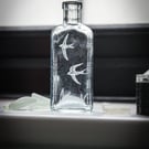 Hand Engraved Antique Glass Bottle, Swallows With Meadow Grasses