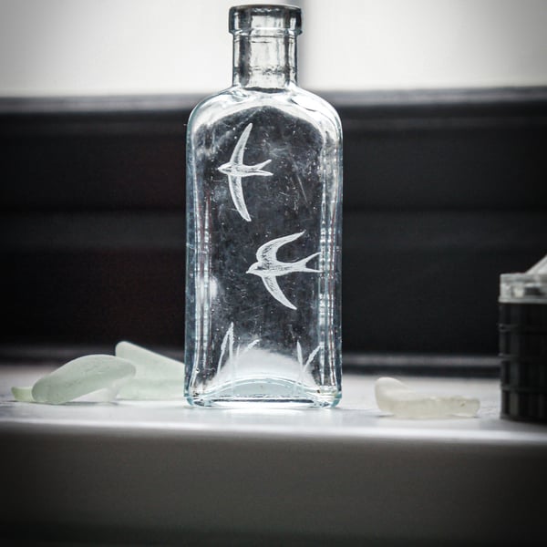 Hand Engraved Antique Glass Bottle, Swallows With Meadow Grasses