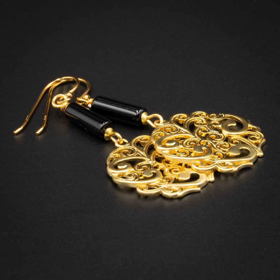 Gold filigree and black onyx earrings, Cancer, Leo gift