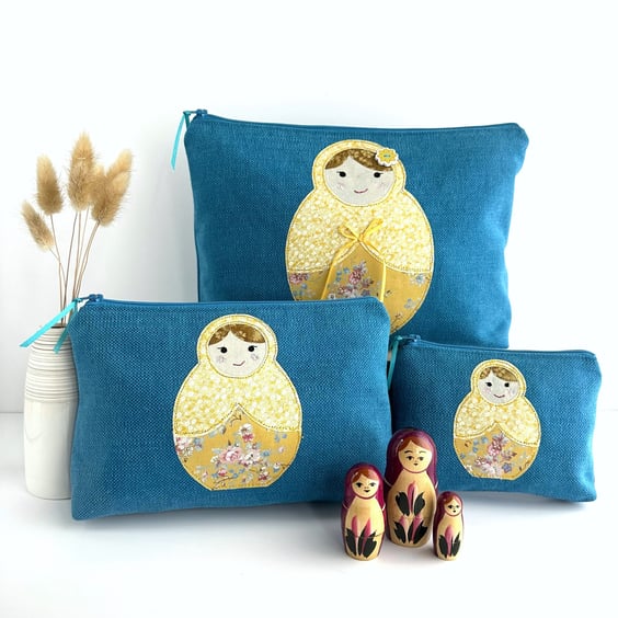 Russian Dolls Stacking Pouch Gift Set in Turquoise and Yellow