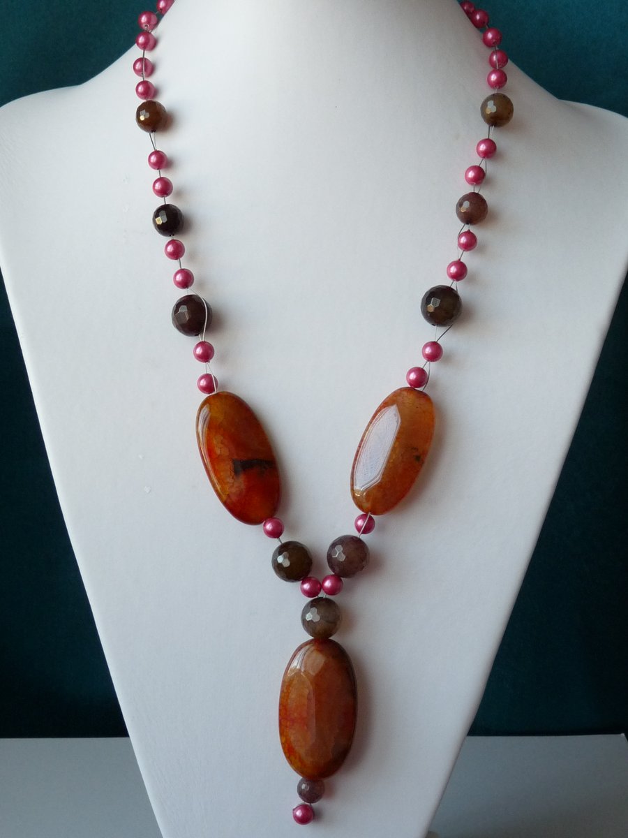 Multi Agate & Shell Pearl Necklace - Genuine Gemstone - Sterling Silver
