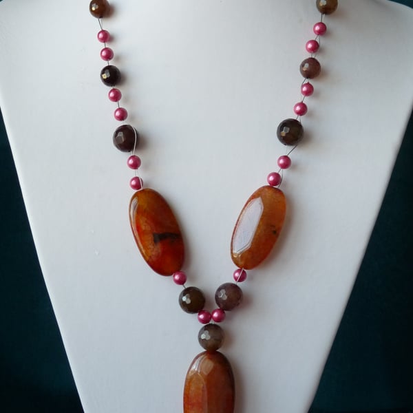 Multi Agate & Shell Pearl Necklace - Genuine Gemstone - Sterling Silver