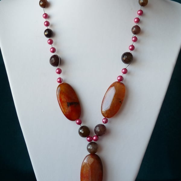 Multi Agate & Shell Pearl Necklace Sterling Silver