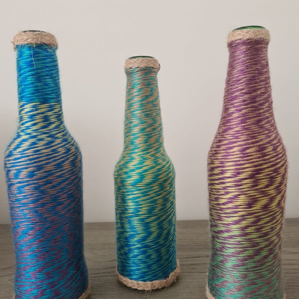 Handmade Set Of 3 Colourful Yarn Wrapped Bottles - Boho Rustic Home Decor