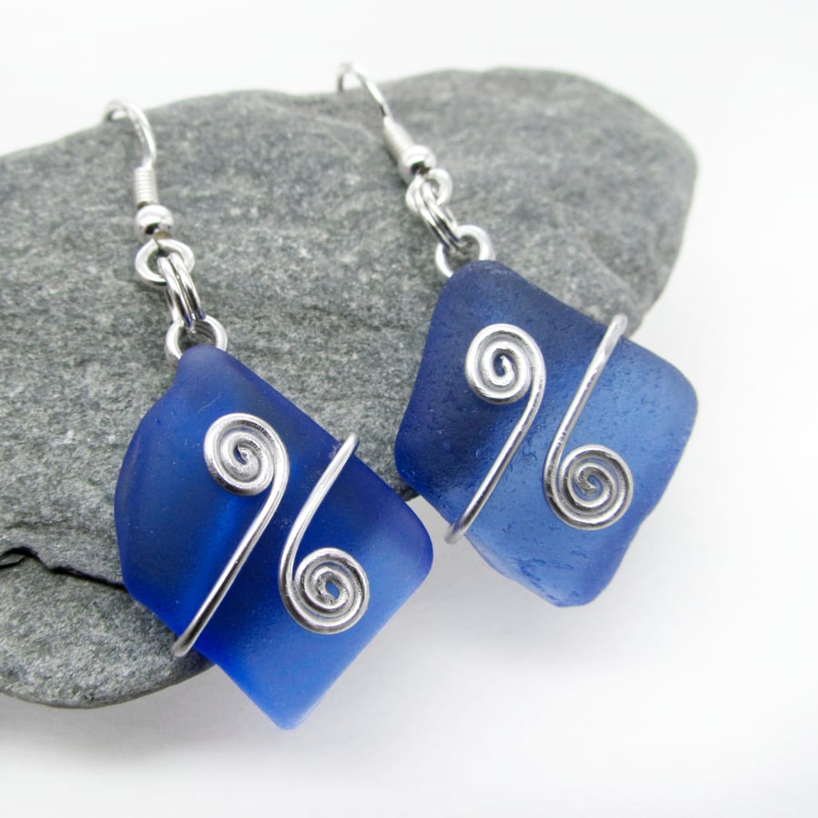 Sea Glass Earrings. Blue Scottish Sterling Silver Wire Wrapped Celtic Jewellery