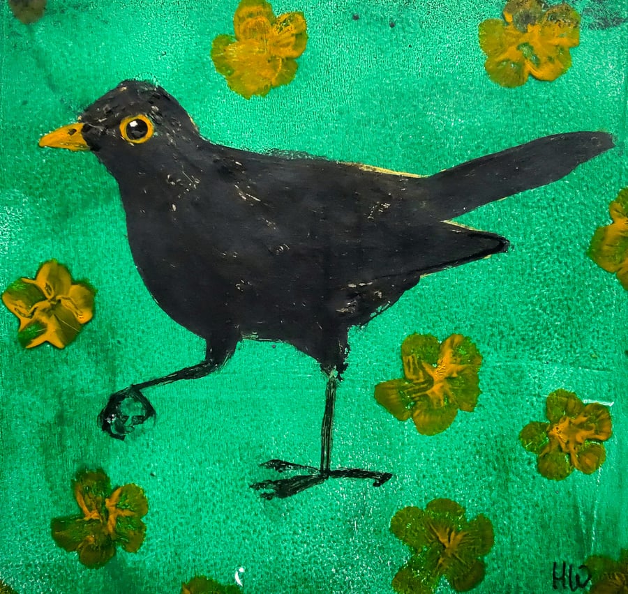 Blackbird and Buttercups Original Monoprint