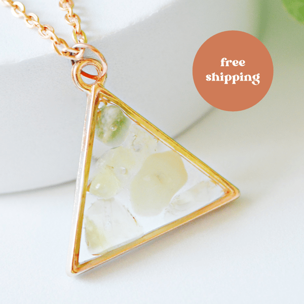 Bowenite Rose Gold plated Triangle Worry Stone Pendant Necklace - Free Postage