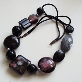 Statement necklace black grey purple mixed beads recycled