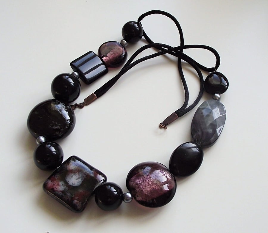 Statement necklace black grey purple mixed beads recycled