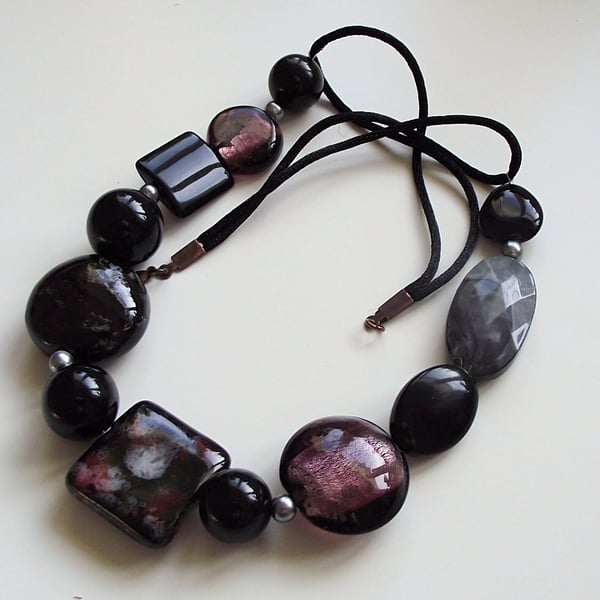 Statement necklace black grey purple mixed beads recycled