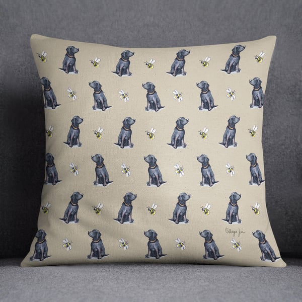 Black Labrador and Bee Cushion