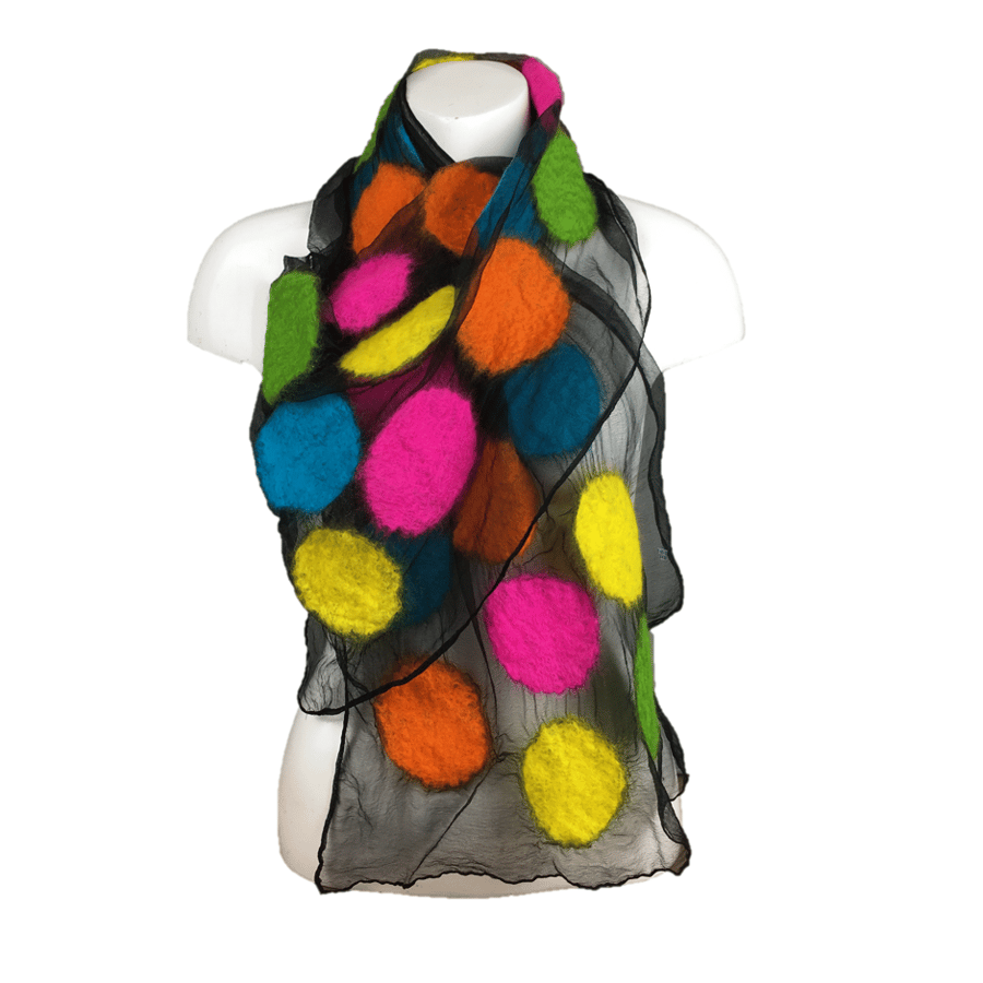 Nuno felted scarf, black silk chiffon with neon merino wool circles
