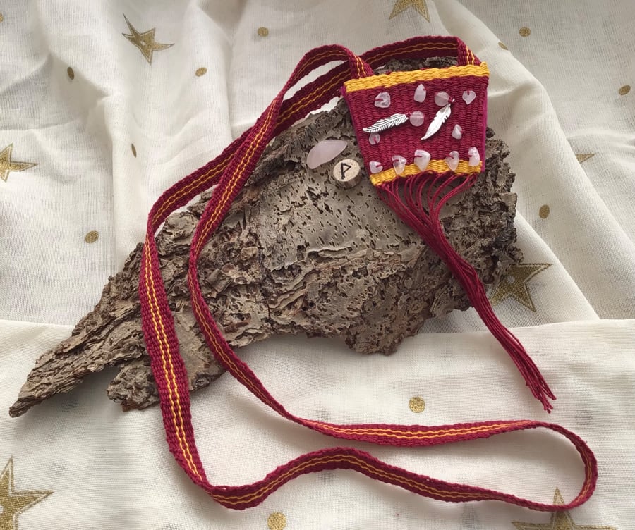 Hand woven Talisman Pouch with Rose Quartz Crystals and a Hazel Rune.